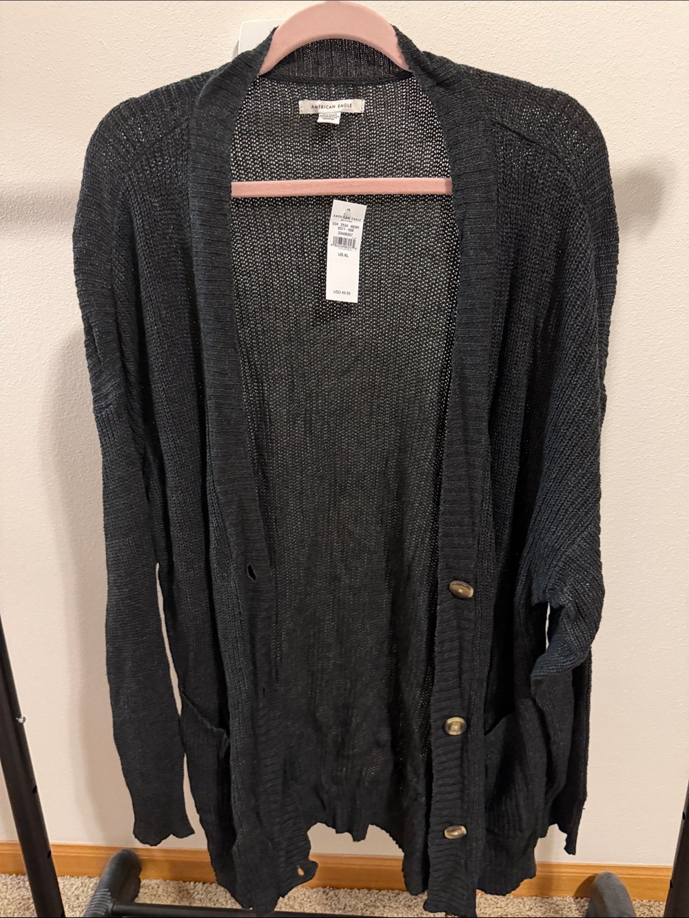 NWT American Eagle Outfitters Dark Gray Open-Front Button Cardigan Sweater